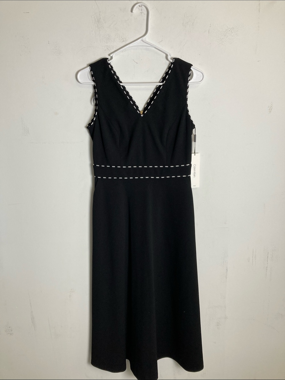 Calvin Klein Black Sleeveless V-Neck Midi Dress with Contrast Stitch